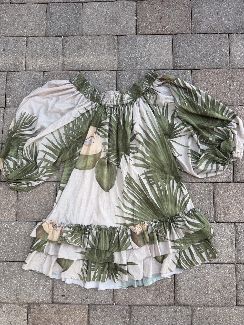 Eugenia Fernández Smocked Off-Shoulder Top in Olive and Cream